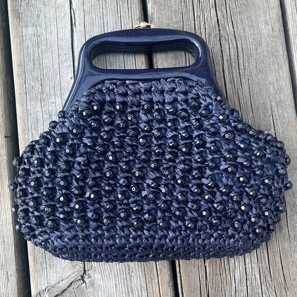 Vintage Navy Woven Handbag with Beaded Detail Top Handle 60s Mod Glam - Picture 1 of 4